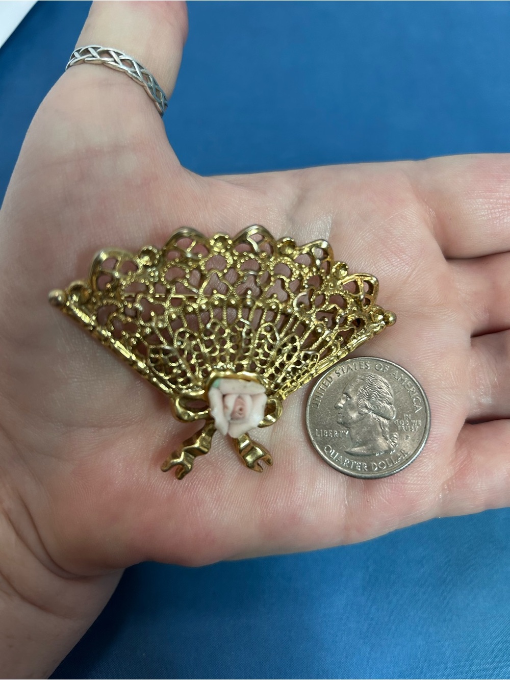 Gold Filigree Fan Brooch with Pink Rose Accent